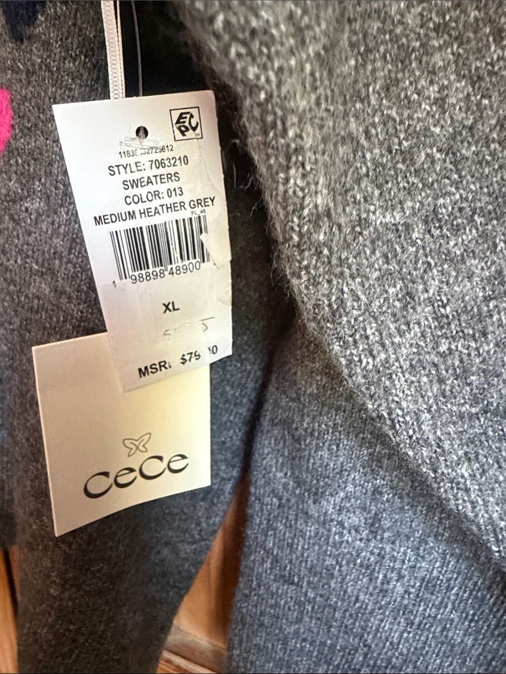 CeCe Heather Gray Crewneck Sweater with Pink & Navy Heart Motifs - Picture 4 of 7